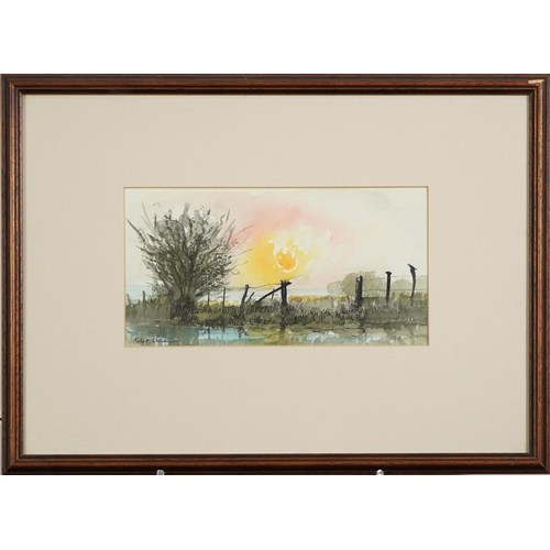 584 - Robert William - Sunset on the Marsh, ink and watercolour, details verso, mounted, framed and glazed... 