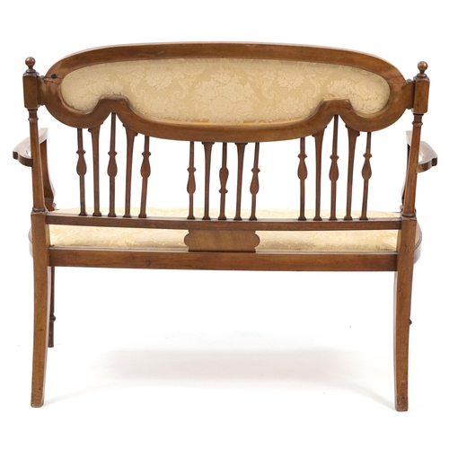 744 - Edwardian inlaid mahogany two seater salon settee, 110cm wide