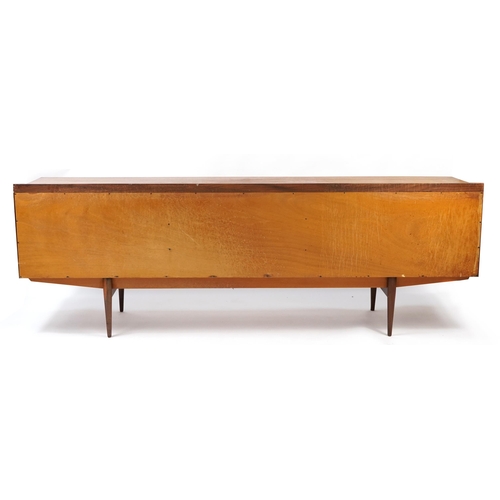 727 - Mid century teak sideboard with four drawers and a pair of cupboard doors, 80cm H x 229cm W x 51cm D