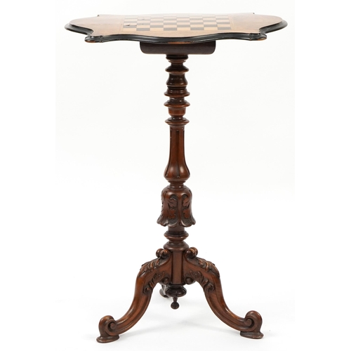 754 - Victorian inlaid walnut tripod games table with tilt top, 75cm x 53cm W x 41cm D