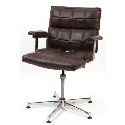 738 - Industrial chrome and brown faux leather swivel office chair