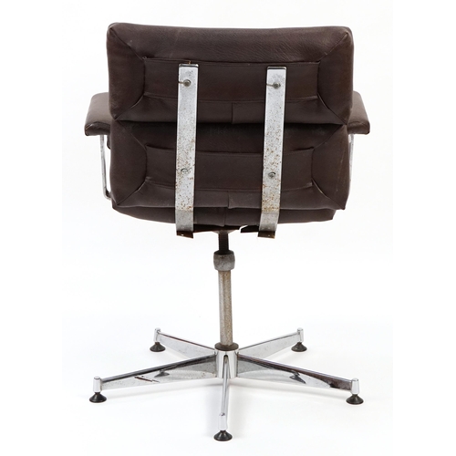 738 - Industrial chrome and brown faux leather swivel office chair