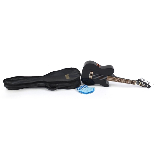 401A - Mahalo electric semi acoustic ukulele with case, label to the interior numbered FUTL1E/BK, 57cm in l... 