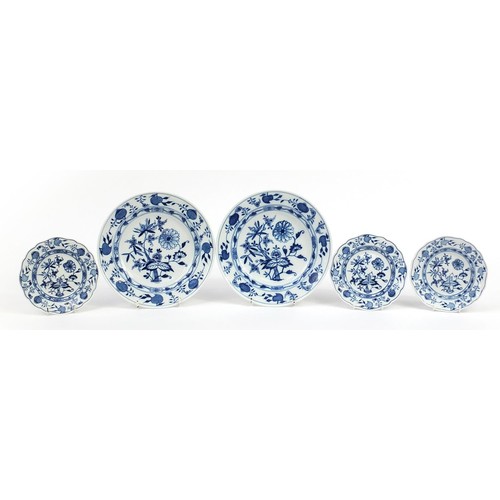 349 - Meissen, German blue and white porcelain comprising two plates and three side plates, each hand pain... 