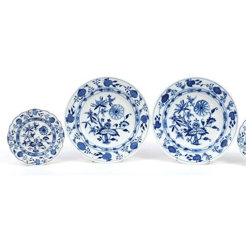 349 - Meissen, German blue and white porcelain comprising two plates and three side plates, each hand pain... 