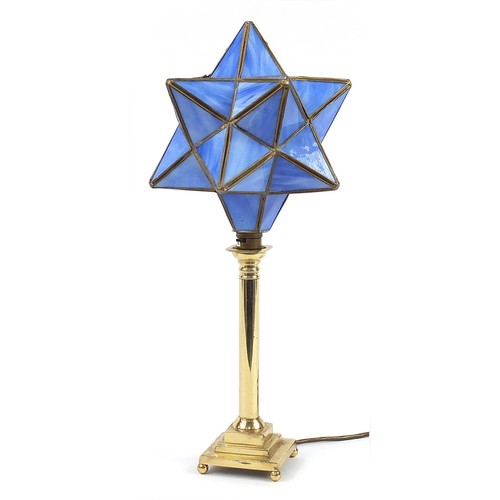 473 - Brass candlestick design table lamp with star shade, 54.5cm high