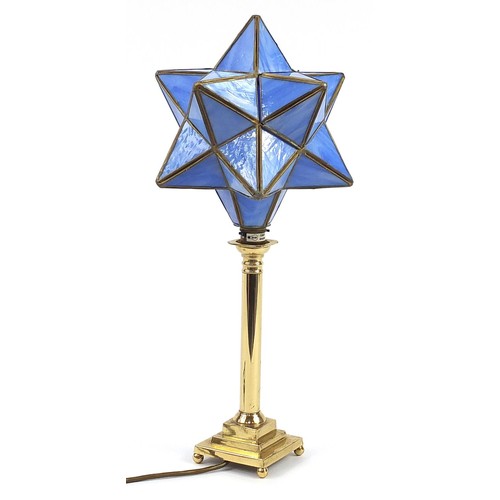 473 - Brass candlestick design table lamp with star shade, 54.5cm high