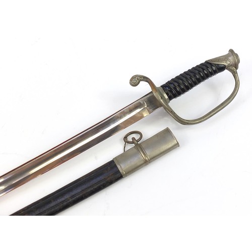 1393 - Belgian military interest sword with scabbard and steel blade, 97.5cm in length