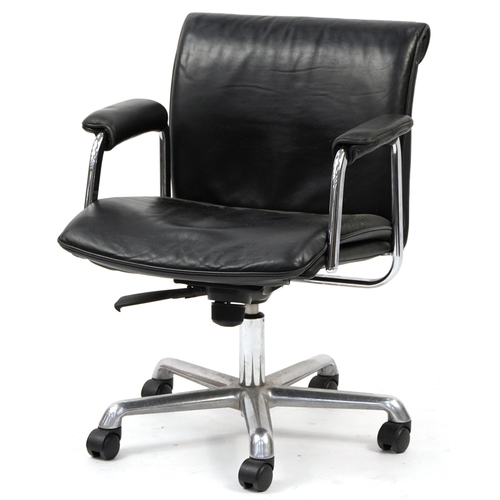 758 - Boss Design black leather and chrome adjustable swivel office chair, 77cm lowered to 89cm high