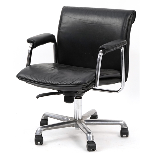 759 - Boss Design black leather and chrome adjustable swivel office chair, 77cm lowered to 89cm high
