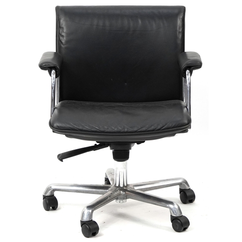759 - Boss Design black leather and chrome adjustable swivel office chair, 77cm lowered to 89cm high