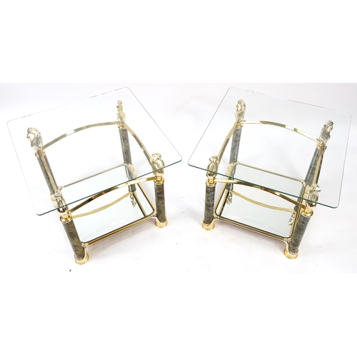 782 - Pair of contemporary gilt metal and bevelled glass two tier occasional tables with marbleised column... 