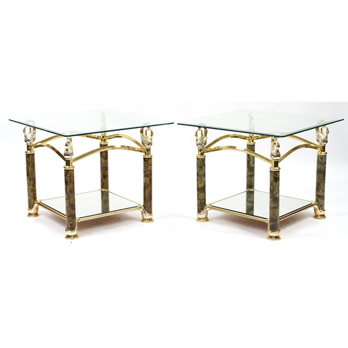 782 - Pair of contemporary gilt metal and bevelled glass two tier occasional tables with marbleised column... 