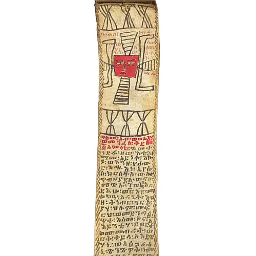 82 - Ethiopian Tribal interest hand painted vellum healing scroll, 150cm in length