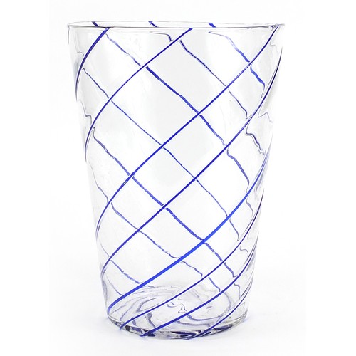 230 - Large clear and blue swirl glass vase, 30cm high