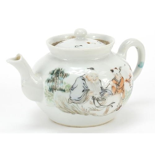 369 - Chinese porcelain teapot hand painted in the famille rose palette with figures, calligraphy to the r... 