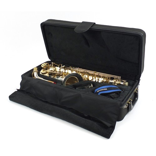 398 - Liberty by Selmer chrome plated and brass alto saxophone with protective carry case and stand, numbe... 