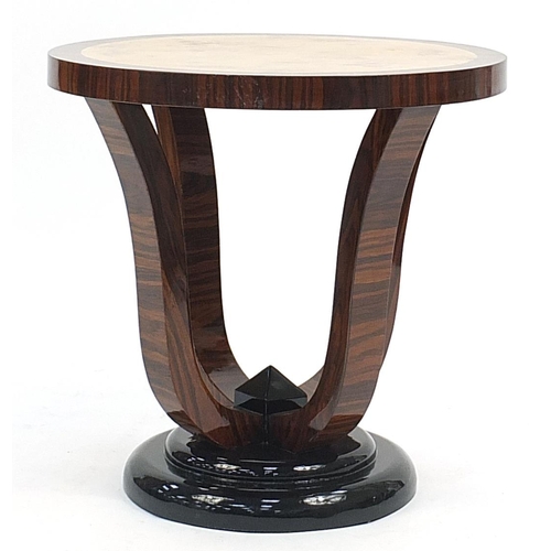 756 - Art Deco style rosewood and bird's eye maple effect occasional table, 59cm high x 59.5cm in diameter