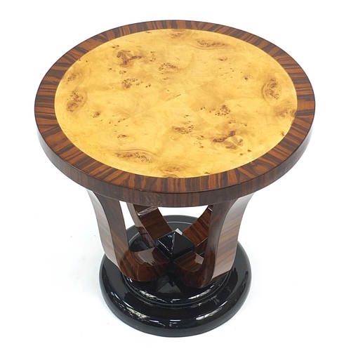 756 - Art Deco style rosewood and bird's eye maple effect occasional table, 59cm high x 59.5cm in diameter