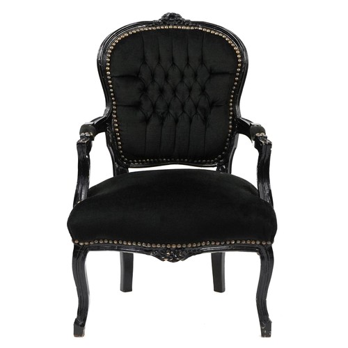 733 - French style black painted elbow chair with black button back upholstery, 92cm high