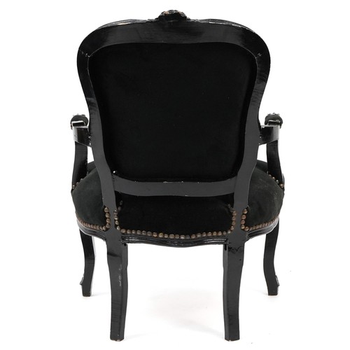 733 - French style black painted elbow chair with black button back upholstery, 92cm high