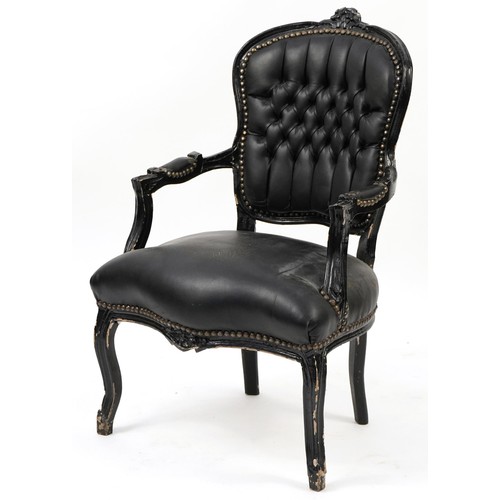 768 - French style black painted elbow chair with black faux leather button back upholstery, 92cm high