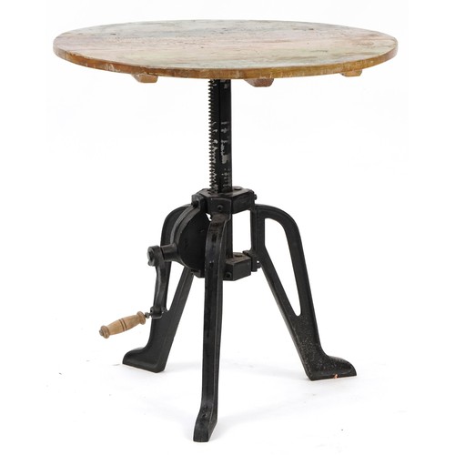 771 - Industrial adjustable table with circular top, 64cm high x 60cm in diameter
