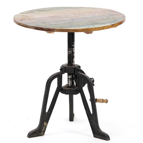 771 - Industrial adjustable table with circular top, 64cm high x 60cm in diameter