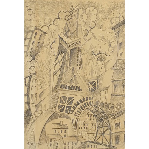 456 - Surreal Parisian landscape with the Eiffel Tower, French school pencil, mounted, framed and glazed, ... 