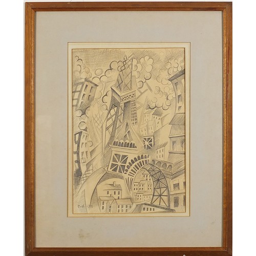 456 - Surreal Parisian landscape with the Eiffel Tower, French school pencil, mounted, framed and glazed, ... 