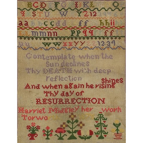 378 - 19th century needlework sampler worked by Harriet Midsley 1875, mounted, framed and glazed, 40cm x 3... 