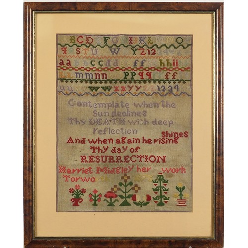 378 - 19th century needlework sampler worked by Harriet Midsley 1875, mounted, framed and glazed, 40cm x 3... 