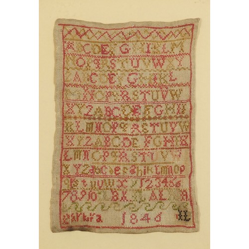 379 - 19th century needlework alphabet sampler dated 1846, mounted, framed and glazed, 31cm x 20cm excludi... 