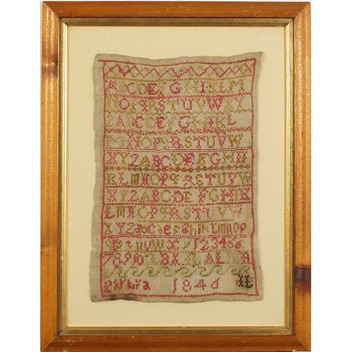 379 - 19th century needlework alphabet sampler dated 1846, mounted, framed and glazed, 31cm x 20cm excludi... 