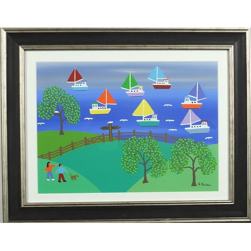 866 - Gordon Barker - Sea view, acrylic, mounted, framed and glazed, 34cm x 24.5cm excluding the mount and... 