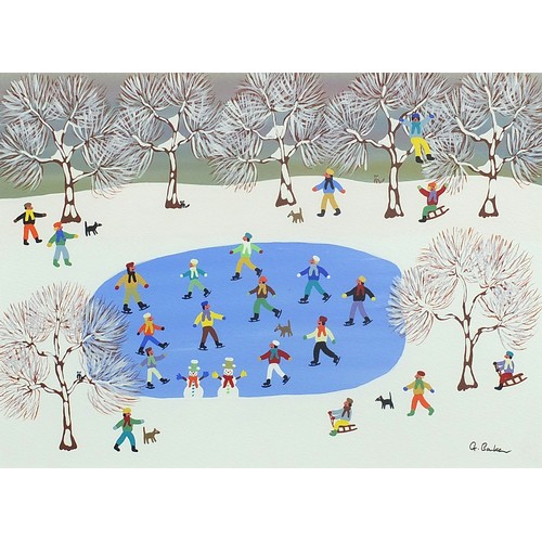 867 - Gordon Barker - Ice skating, acrylic, mounted, framed and glazed, 34cm x 24.5cm excluding the mount ... 