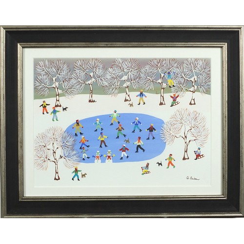 867 - Gordon Barker - Ice skating, acrylic, mounted, framed and glazed, 34cm x 24.5cm excluding the mount ... 