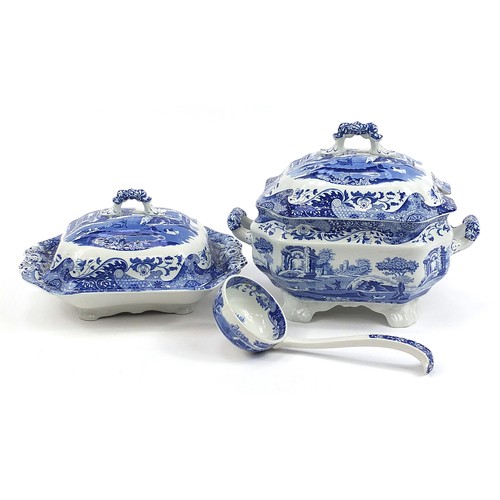 442 - Two Spode blue and white porcelain lidded tureens, one with ladel, the largest 33cm in length