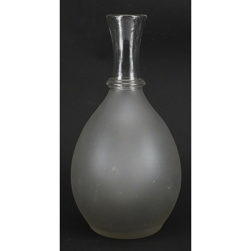 196 - Victorian frosted and clear glass wine carafe with ice section and stopper, 27.5cm high