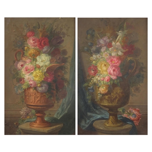 120 - Miguel Parra Abril - Still life flowers, pair of 19th century Spanish oil on canvasses, one signed, ... 