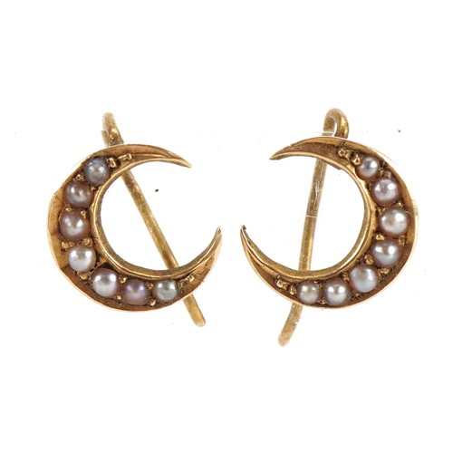 1413 - Pair of Victorian 15ct gold seed pearl crescent moon earrings housed in an Saqui & Lawrence box, 1.0... 