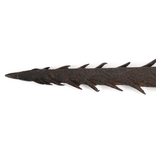 611 - Tribal steel hunting spear with wavy line design, 24cm in length