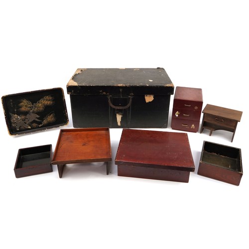 751 - Chinese lacquered trunk, boxes and trays
