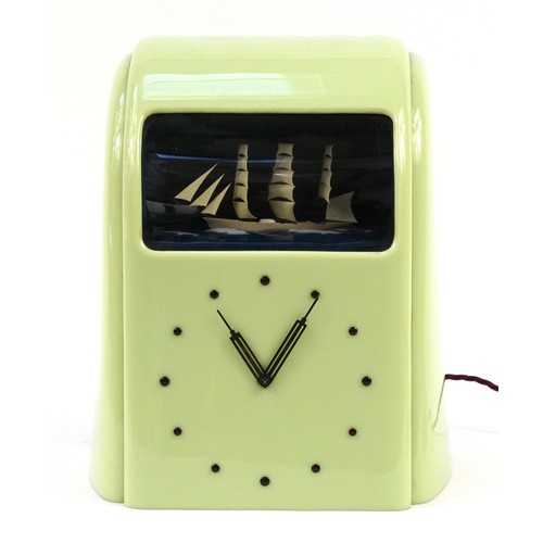 Vitascope, Art Deco green Bakelite clock with diorama ship Automaton, numbered 00688 to the back, 32cm high