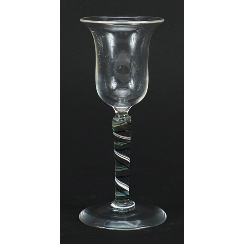 36 - 18th century wine glass with multicolored opaque twist stem and bell shaped bowl, 14cm high