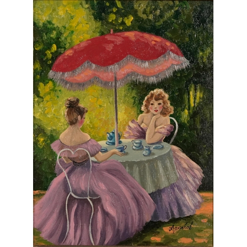 702 - Two seated females in a garden, Russian school oil on canvas, framed, 39.5cm x 29cm excluding the fr... 