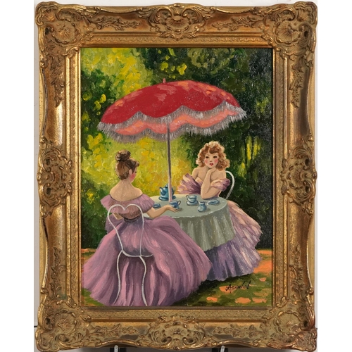 702 - Two seated females in a garden, Russian school oil on canvas, framed, 39.5cm x 29cm excluding the fr... 