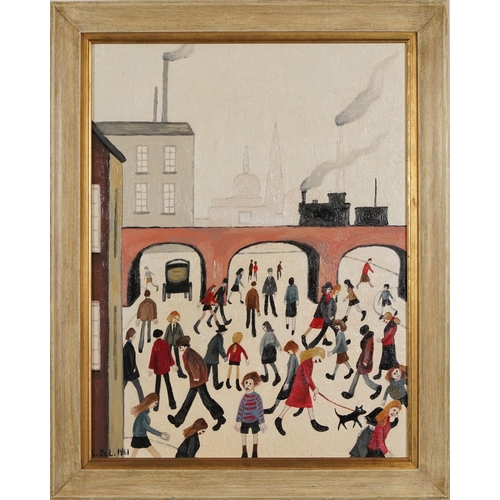 419 - Manner of Laurence Stephen Lowry - Industrial landscape with figures walking about, oil on canvas bo... 