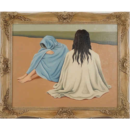 634 - After Clifford Hall - Two bathers on the beach, Modern British oil on canvas housed in an ornate fra... 