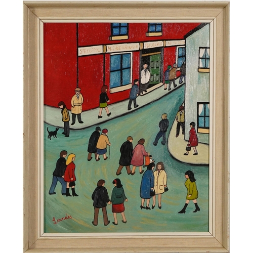 568 - Figures in rush hour, Modern British oil on canvas board, mounted and framed, 49.5cm x 39cm excludin... 